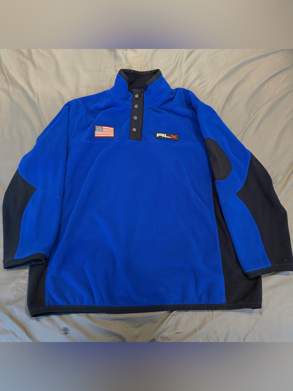 Ralph Lauren RLX Sweatshirt Mens Blue USA Flag 1/4 Zip Snap Fleece Jacket